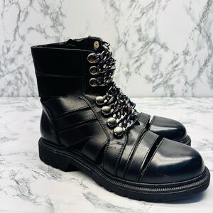 Lovery Moto Goth Grunge Black Leather Chain-Detail Women's Combat Boots Size 6
